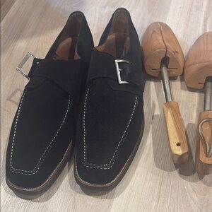aSutorMantellasi Black Slip-On Loafers with Silver Buckle